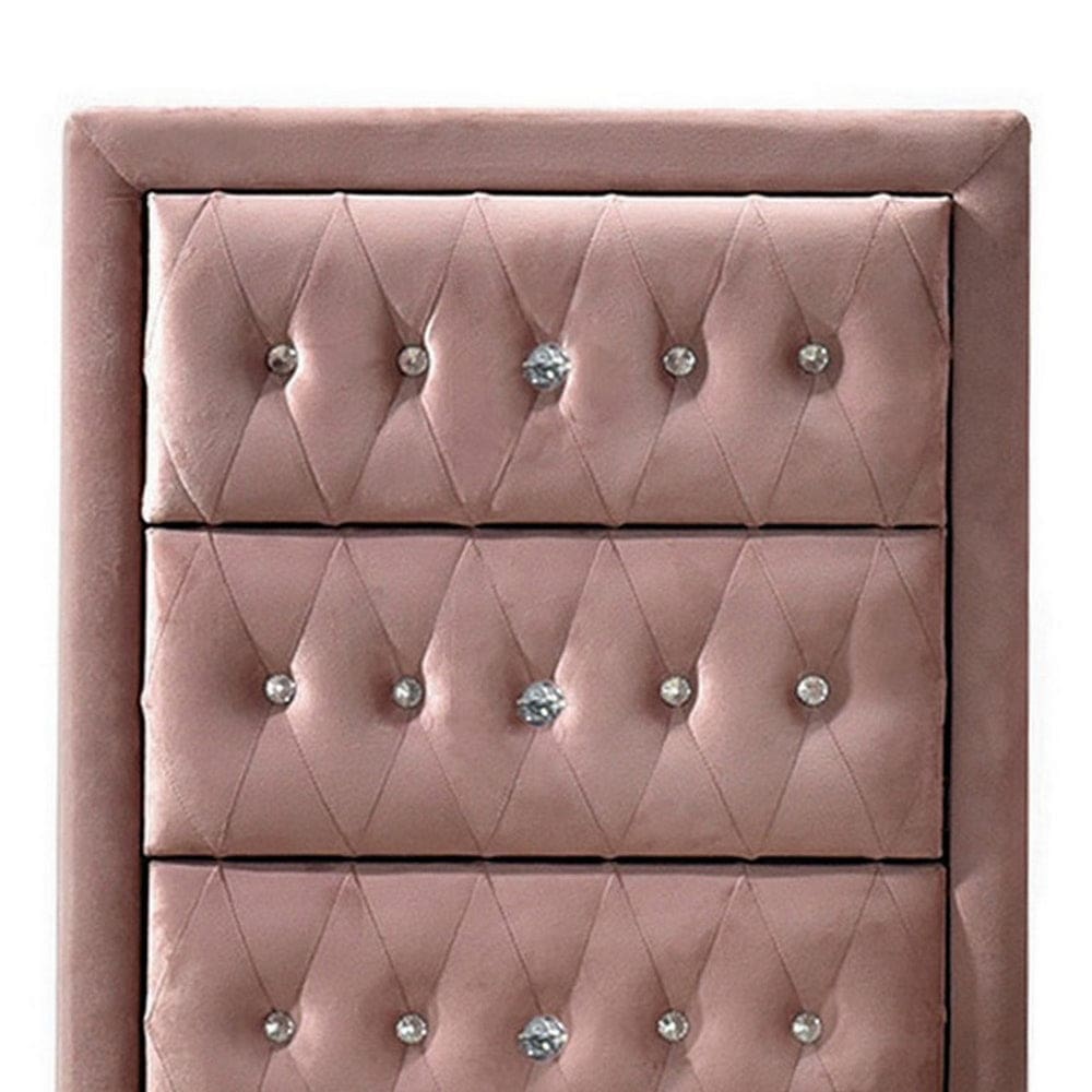 Rex 38 Inch Tall Upholstered Dresser Chest 4 Drawer Crystal Handles Pink By Casagear Home BM279729