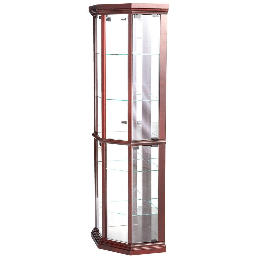 71 Inch China Curio Corner Cabinet, 4 Door 5 Shelves, Wood, Cherry Brown By Casagear Home