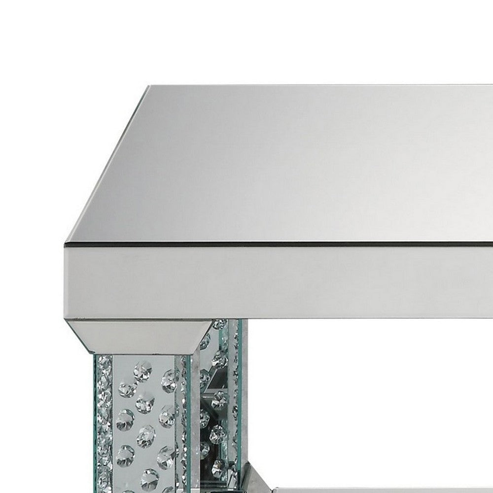 Pali 36 Inch Rectangular Coffee Table Mirrored Faux Crystal Inlay Silver By Casagear Home BM280270