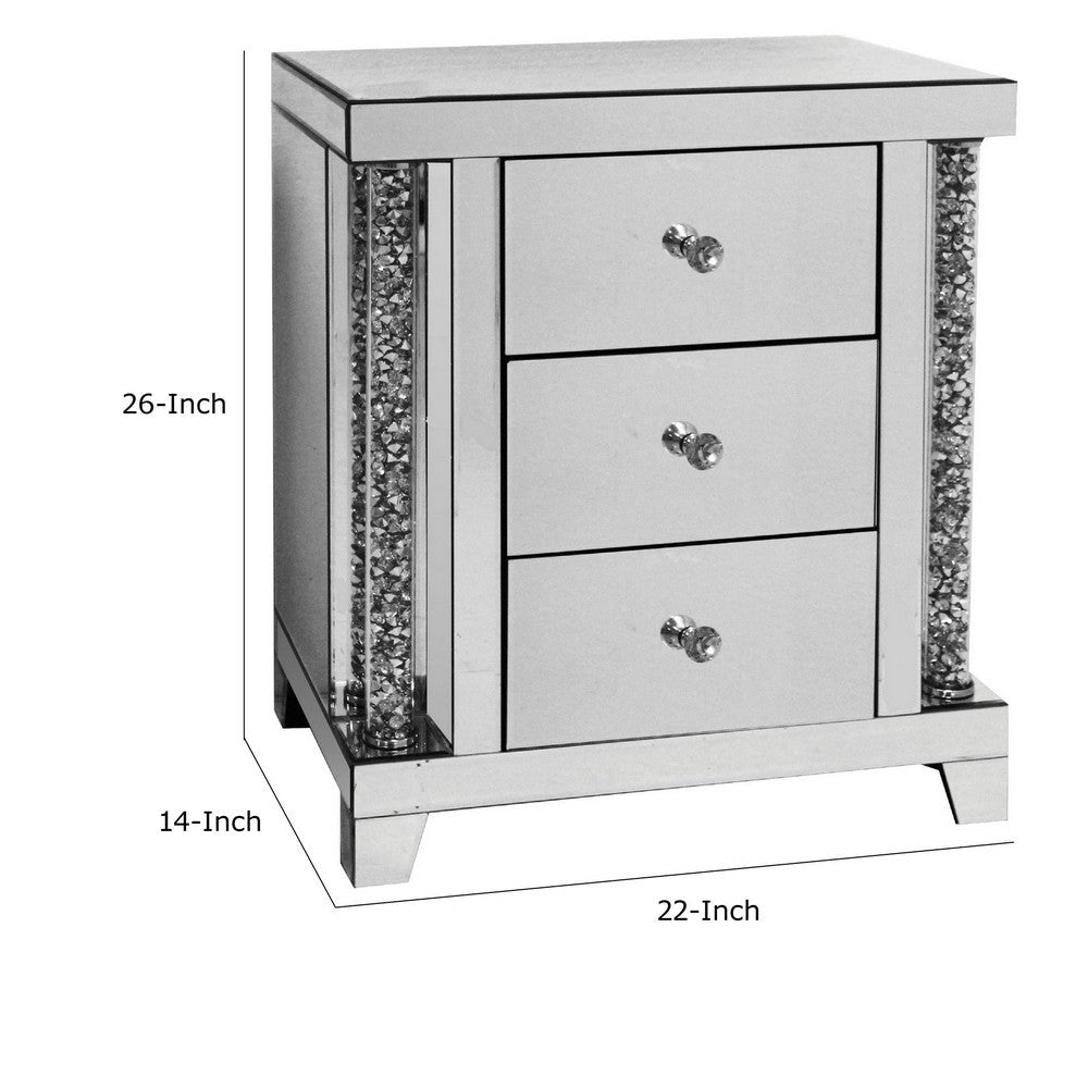 Noe 26 Inch 3 Drawer Accent Table Nightstand Mirrored Faux Diamond Inlay Silver By Casagear Home BM280272