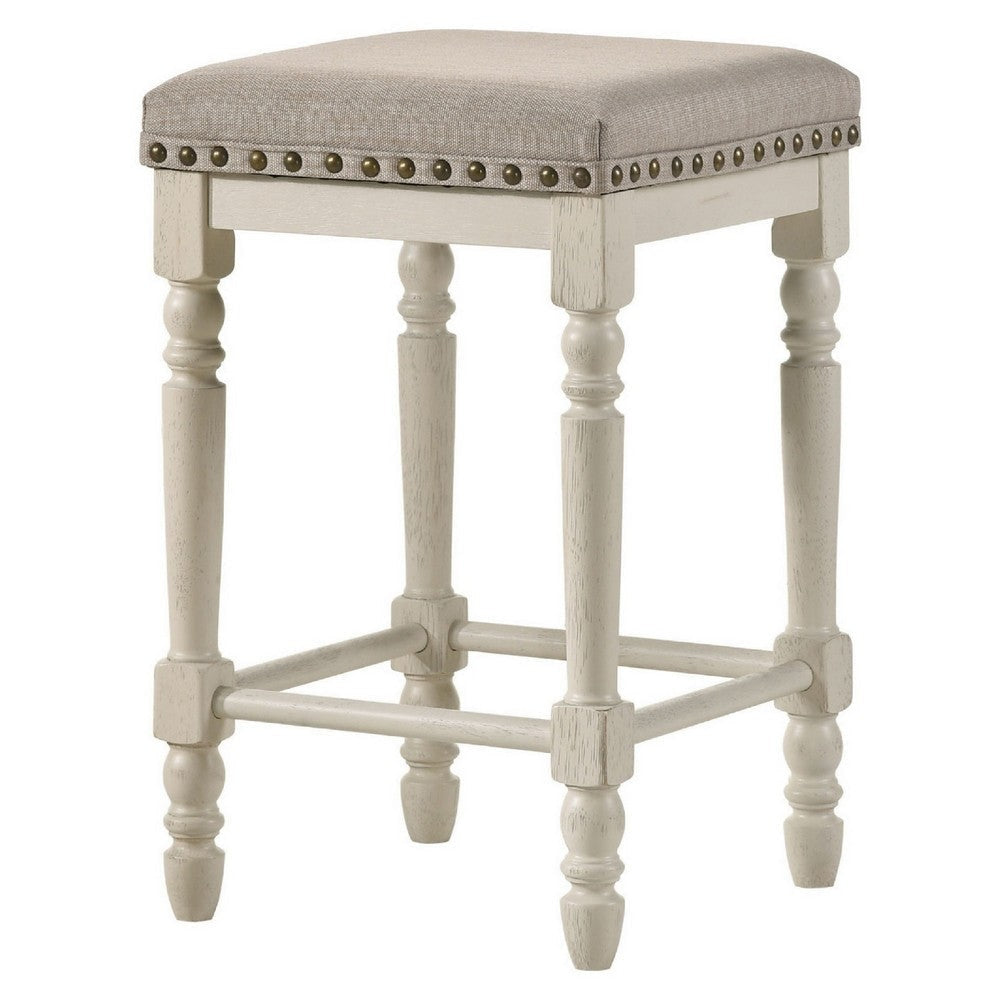 24 Inch Counter Height Stool, Luxe Nailhead Trim, Set of 2, Antique White By Casagear Home