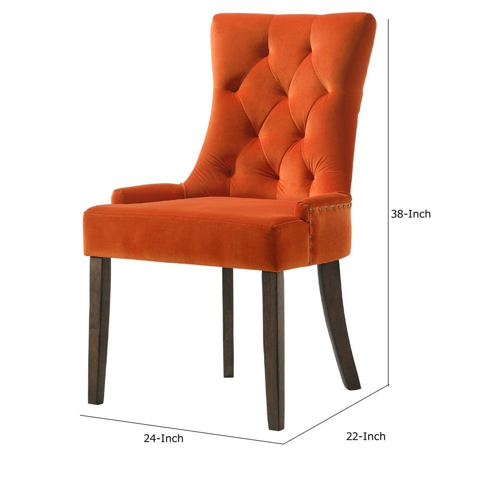 Esme 24 Inch Solid Wood Dining Chair Velvet Tufted Set of 2 Orange By Casagear Home BM280323