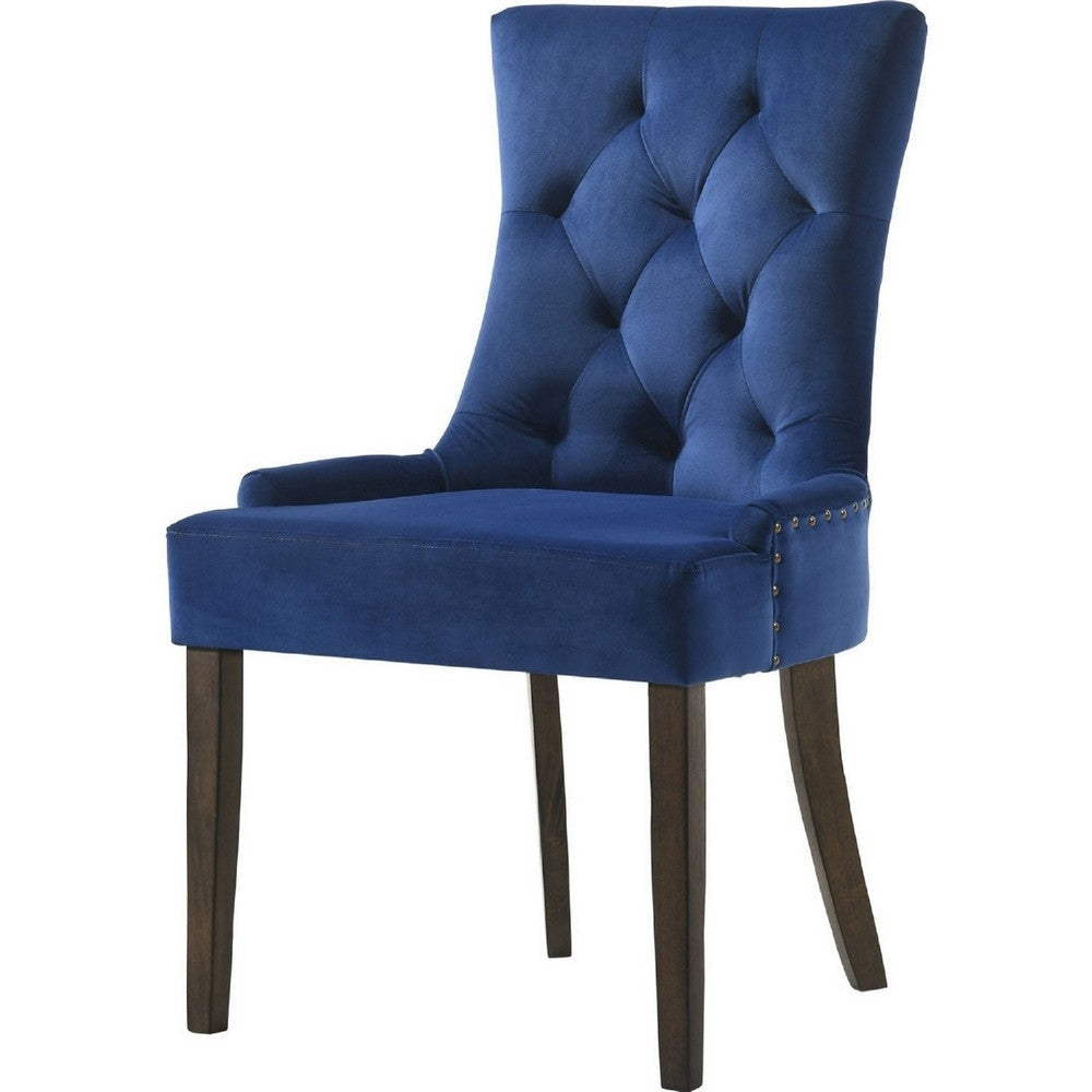 Esme 24 Inch Solid Wood Dining Chair, Velvet, Tufted, Set of 2, Dark Blue By Casagear Home