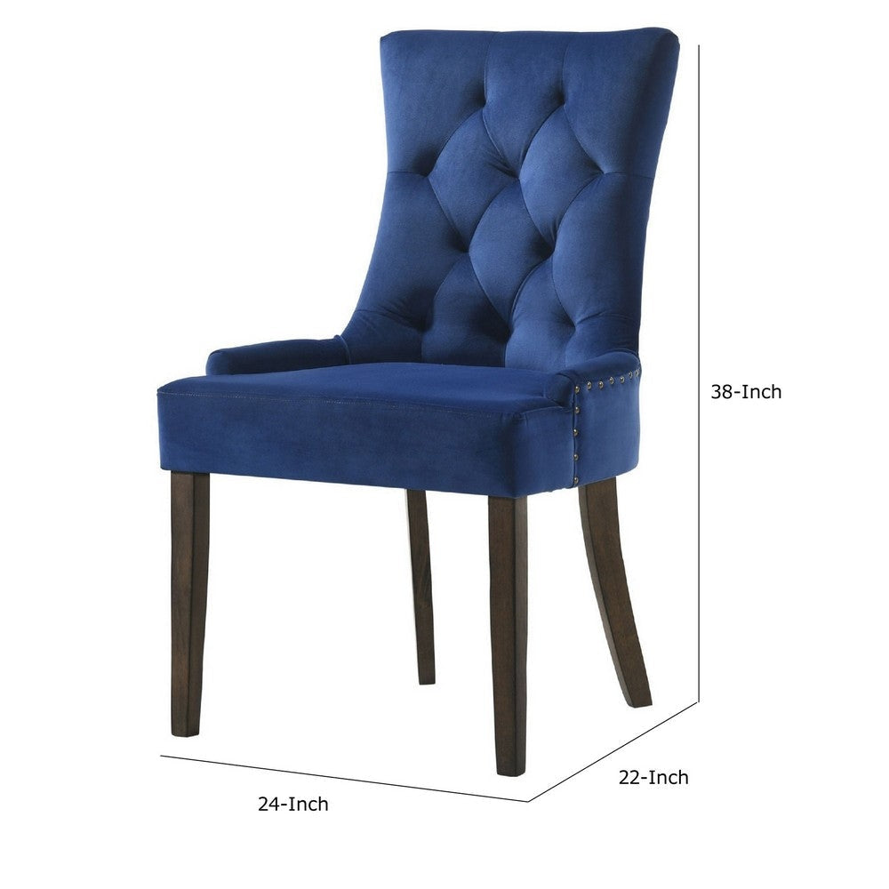 Esme 24 Inch Solid Wood Dining Chair Velvet Tufted Set of 2 Dark Blue By Casagear Home BM280324