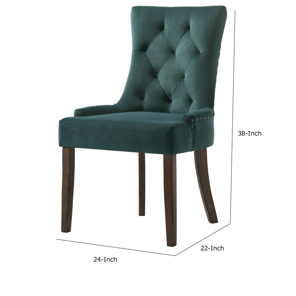 Esme 24 Inch Solid Wood Dining Chair Velvet Tufted Set of 2 Green By Casagear Home BM280325