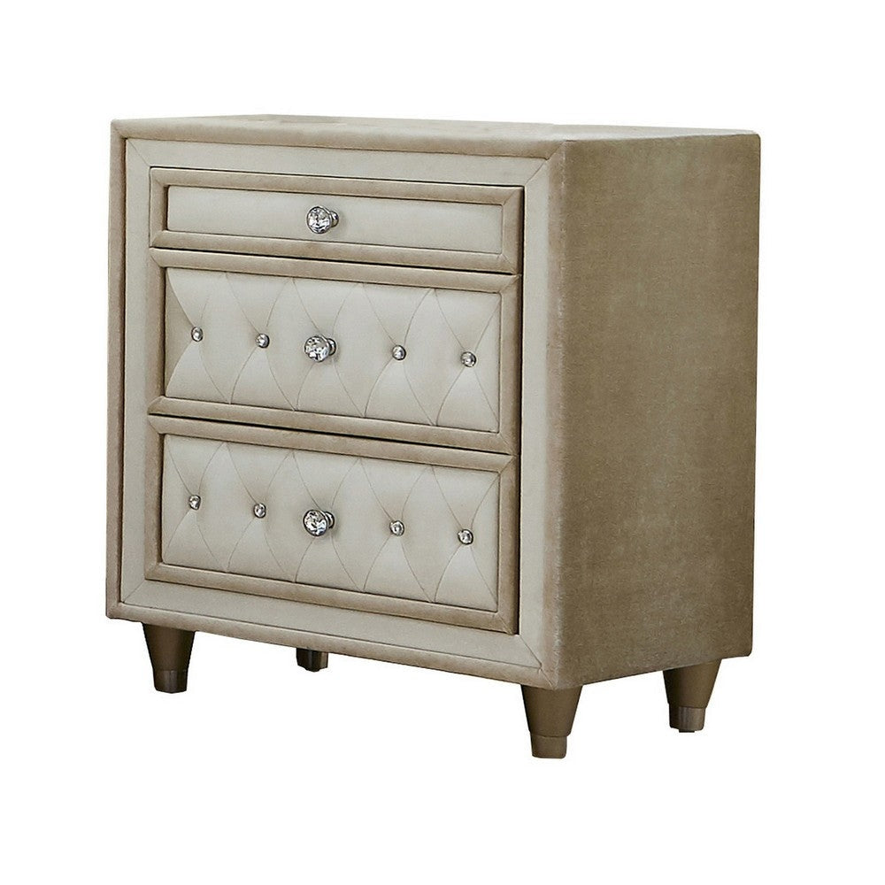 Matt 30 Inch Modern Nightstand, 3 Drawers, Velvet Tufted, Ivory Light Brown By Casagear Home