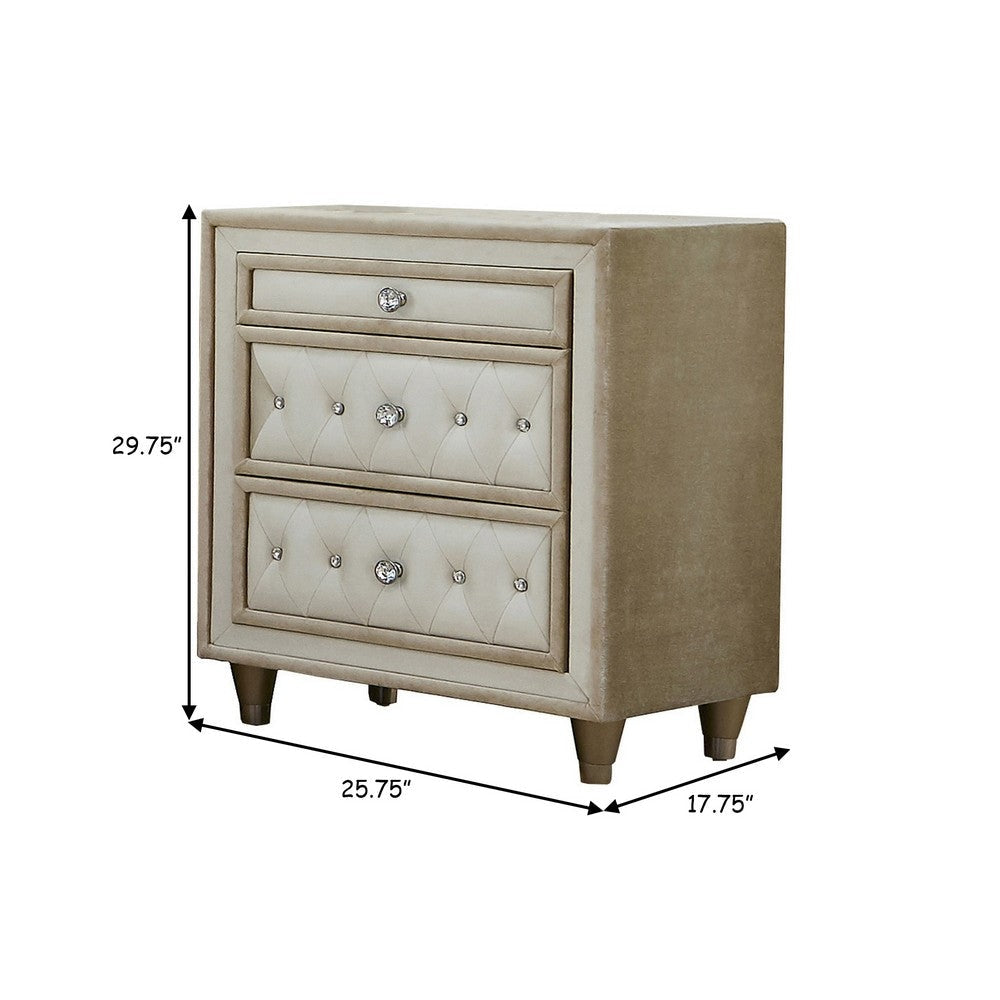 Matt 30 Inch Modern Nightstand 3 Drawers Velvet Tufted Ivory Light Brown By Casagear Home BM280357