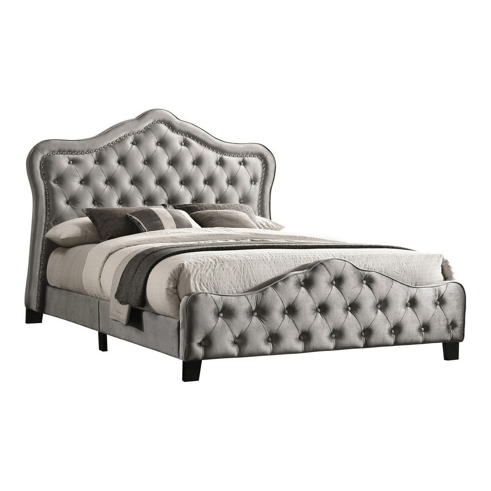 87 Inch Classic Upholstered Queen Size Bed, Scalloped, Button Tufted, Gray By Casagear Home