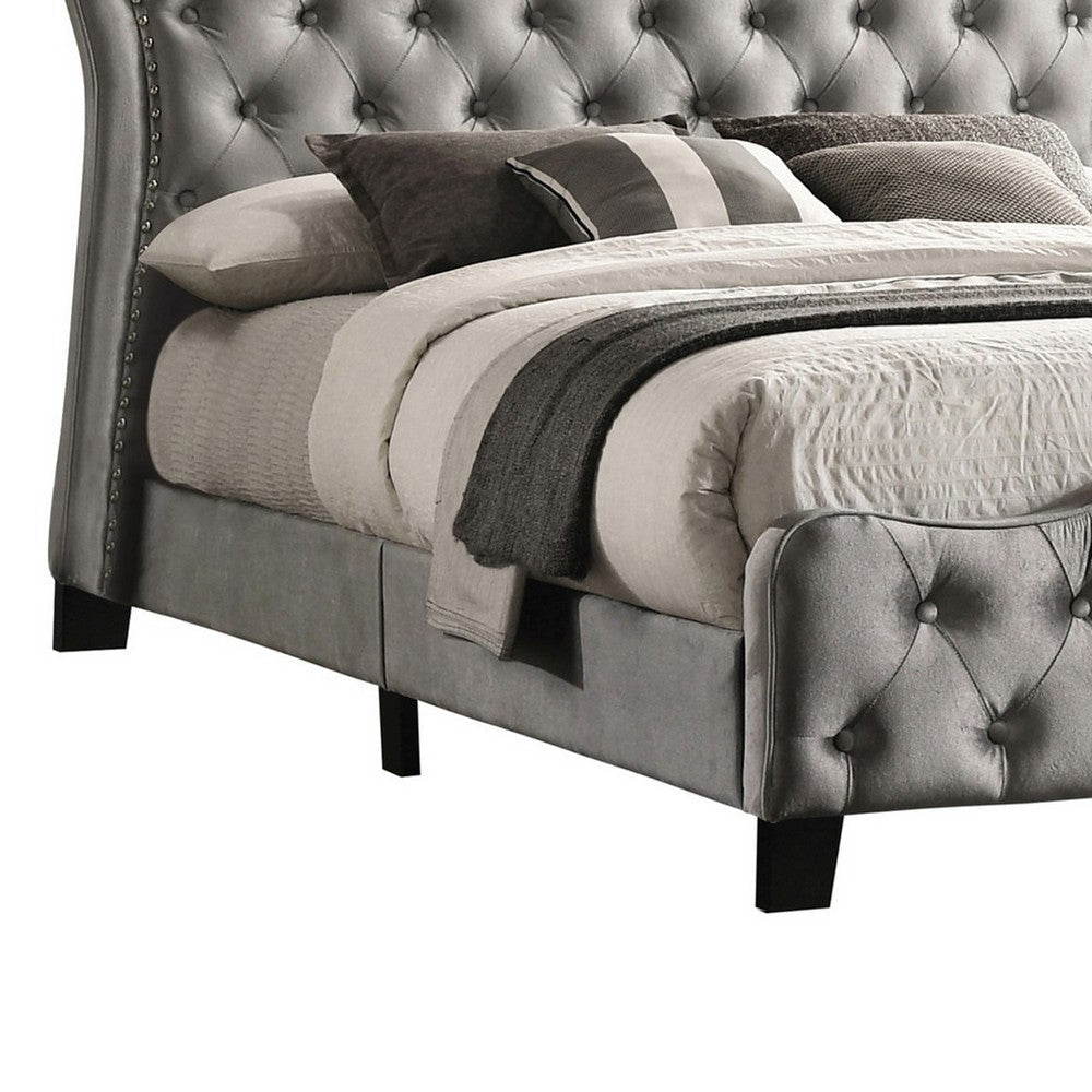 87 Inch Classic Upholstered Queen Size Bed Scalloped Button Tufted Gray By Casagear Home BM280394