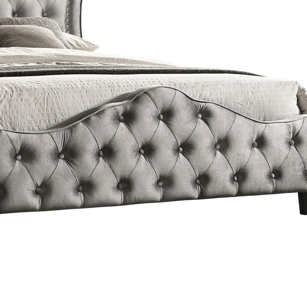 87 Inch Classic Upholstered Queen Size Bed Scalloped Button Tufted Gray By Casagear Home BM280394