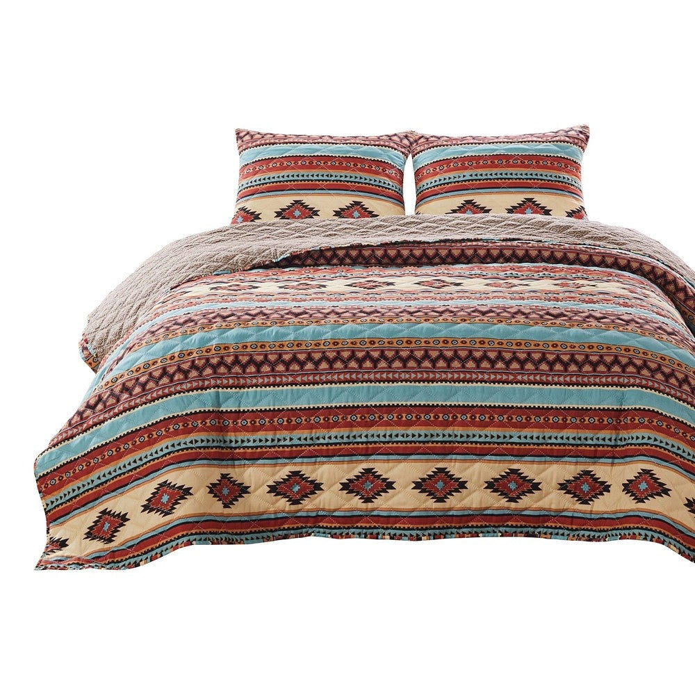 Linda 3 Piece King Quilt Set, Tribal Pattern, Diamond Design, Multicolor By Casagear Home