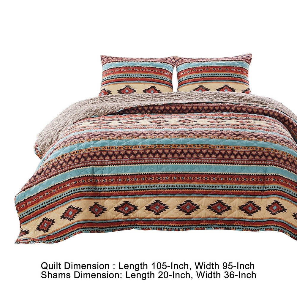 Linda 3 Piece King Quilt Set Tribal Pattern Diamond Design Multicolor By Casagear Home BM280407