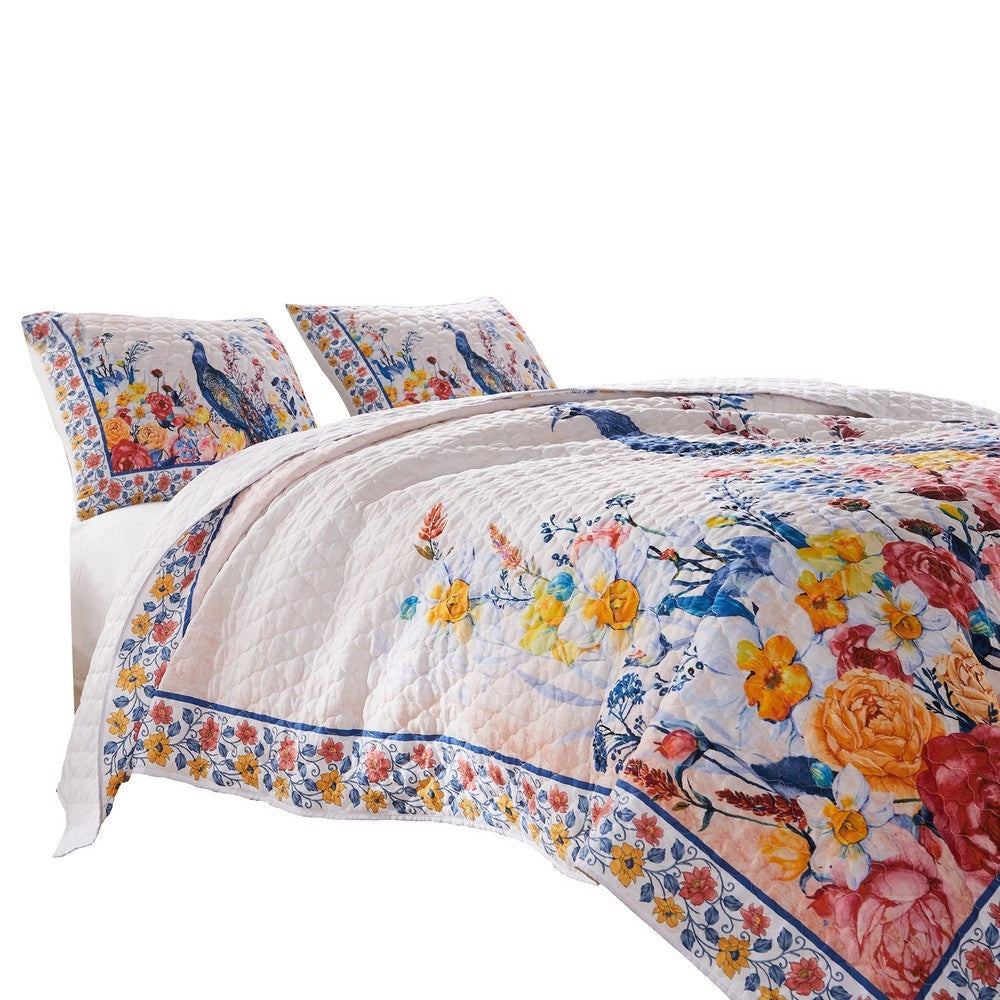 Tess Microfiber 2 Piece Twin Quilt Set Peacock Floral Print Multicolor By Casagear Home BM280420