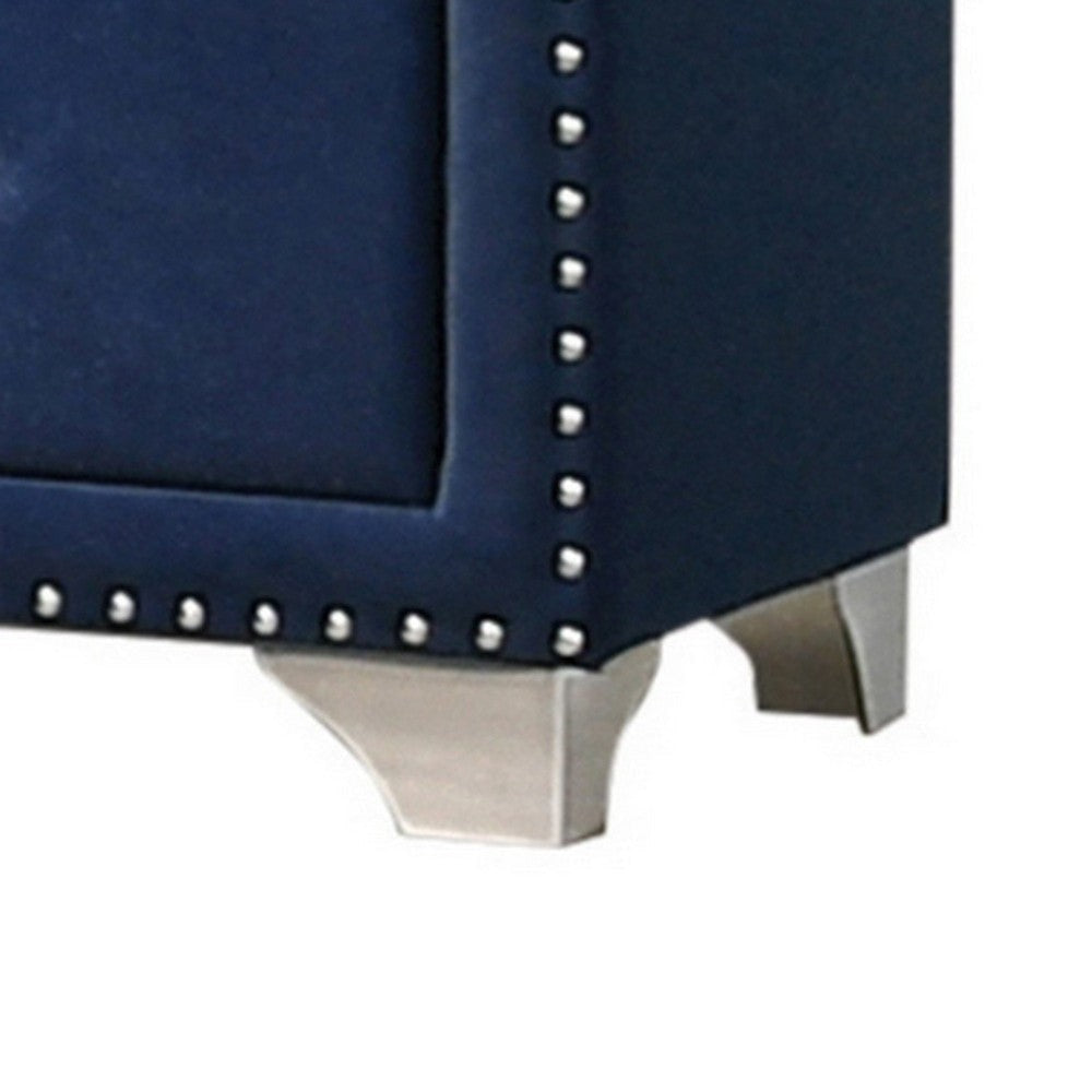 Cale 26 Inch Modern Wood Nightstand Velvet Upholstered Nailhead Blue By Casagear Home BM280481