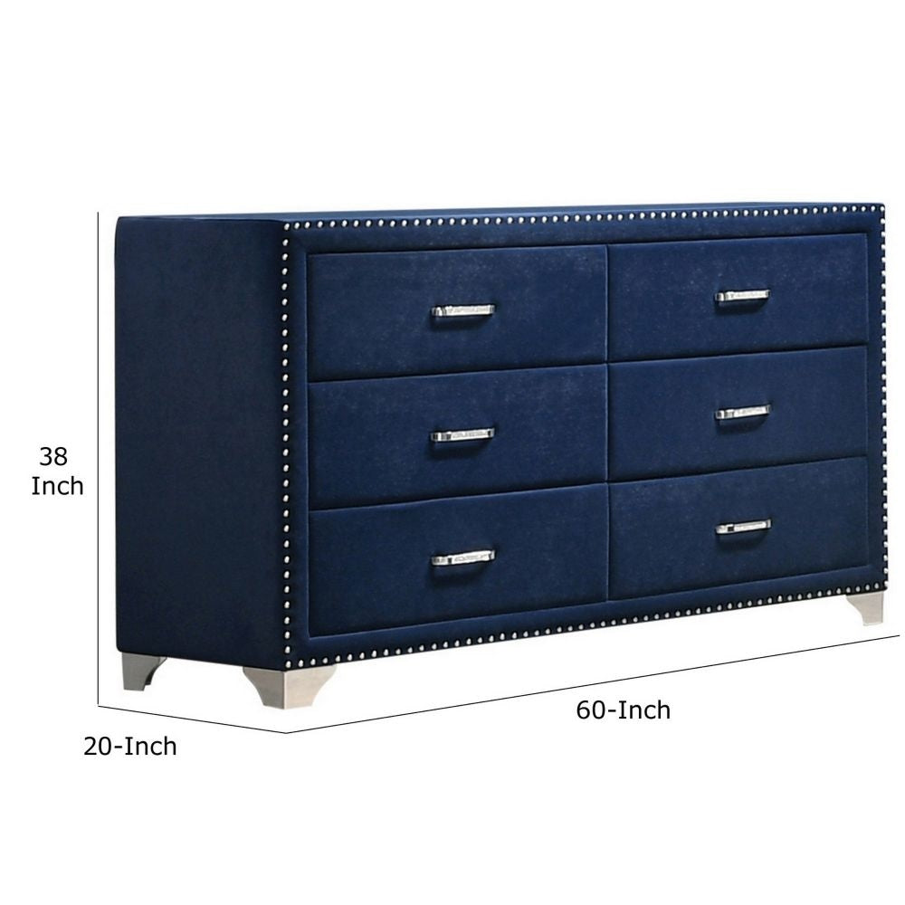 Cale 60 Inch Modern Glam Wood Dresser 6 Drawer Velvet Nailhead Blue By Casagear Home BM280482