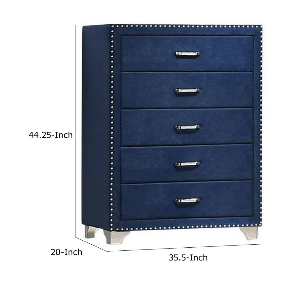 Cale 44 Inch Modern Glam Tall 5 Drawer Dresser Chest Nailhead Blue Velvet By Casagear Home BM280483