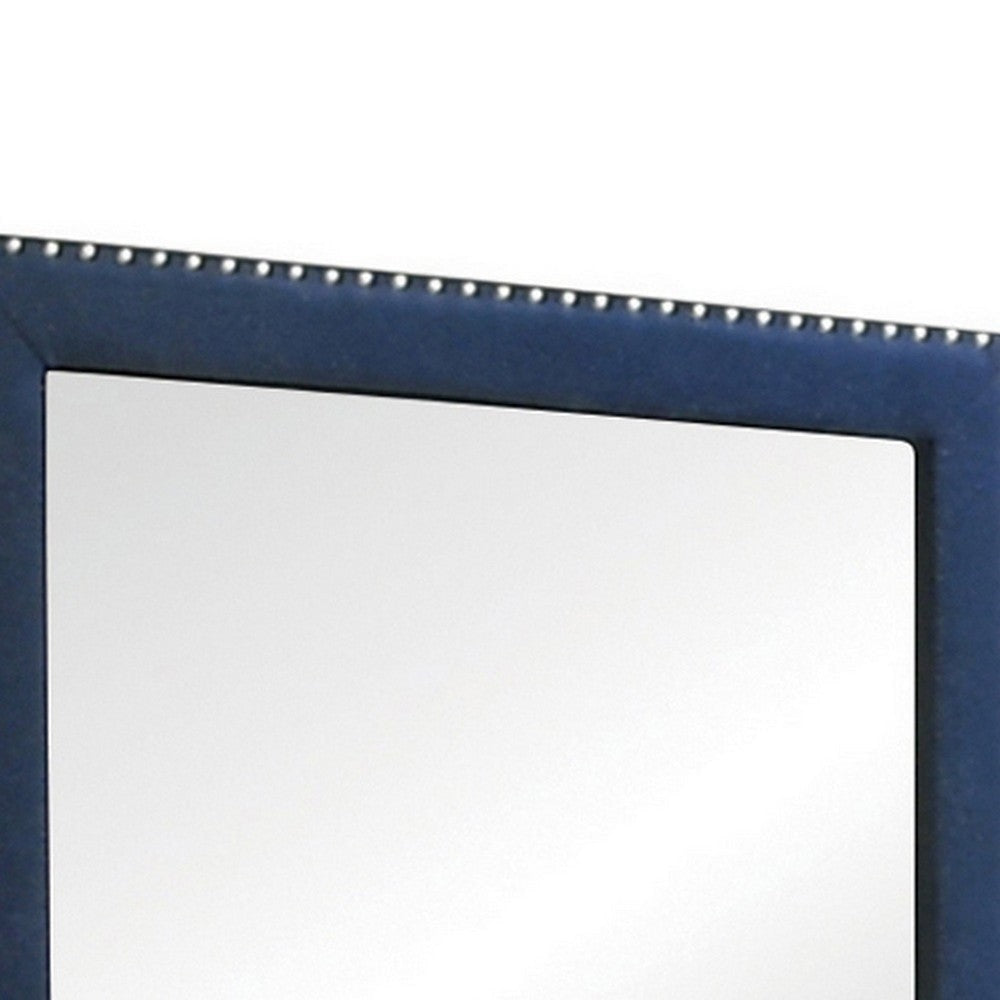 Cale 40 Inch Modern Glam Portrait Mirror Nailhead Blue Velvet Upholstered By Casagear Home BM280484