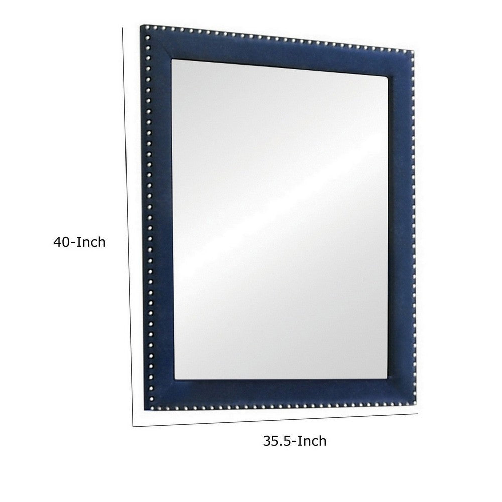 Cale 40 Inch Modern Glam Portrait Mirror Nailhead Blue Velvet Upholstered By Casagear Home BM280484