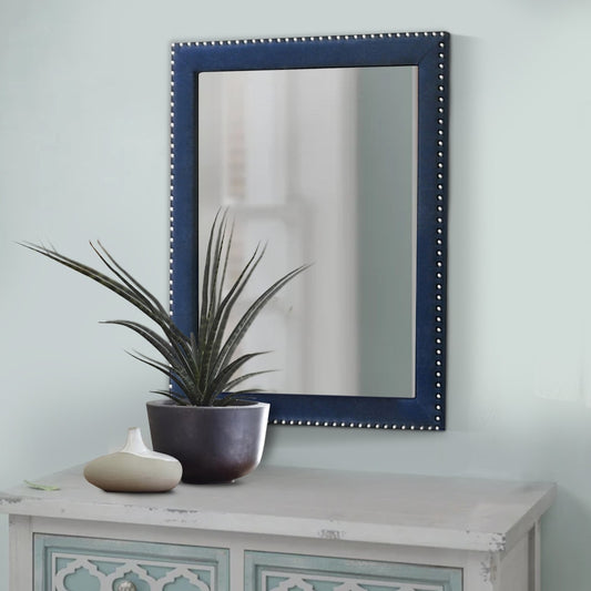 Cale 40 Inch Modern Glam Portrait Mirror, Nailhead, Blue Velvet Upholstered By Casagear Home