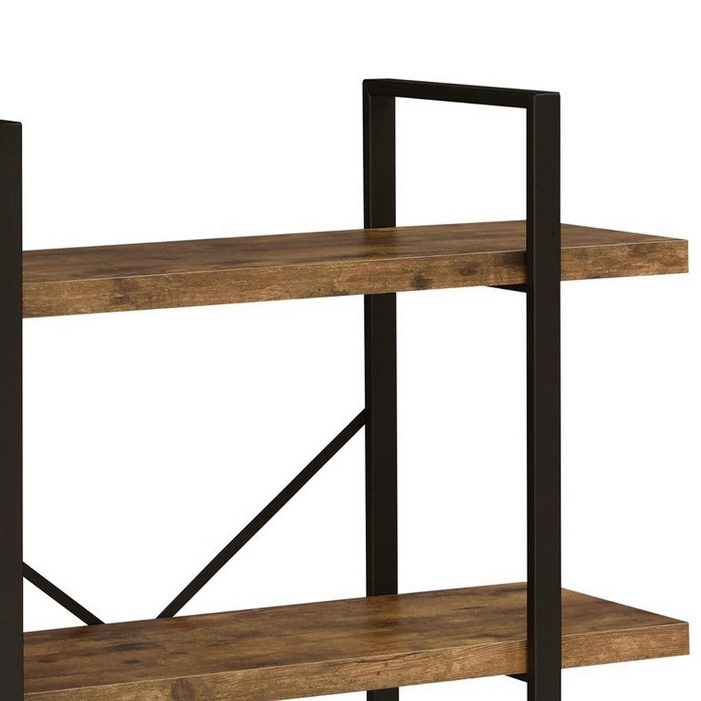 Ana 40 Inch Wood Bookcase 3 Shelves Crossed Metal Design Rustic Brown By Casagear Home BM280486