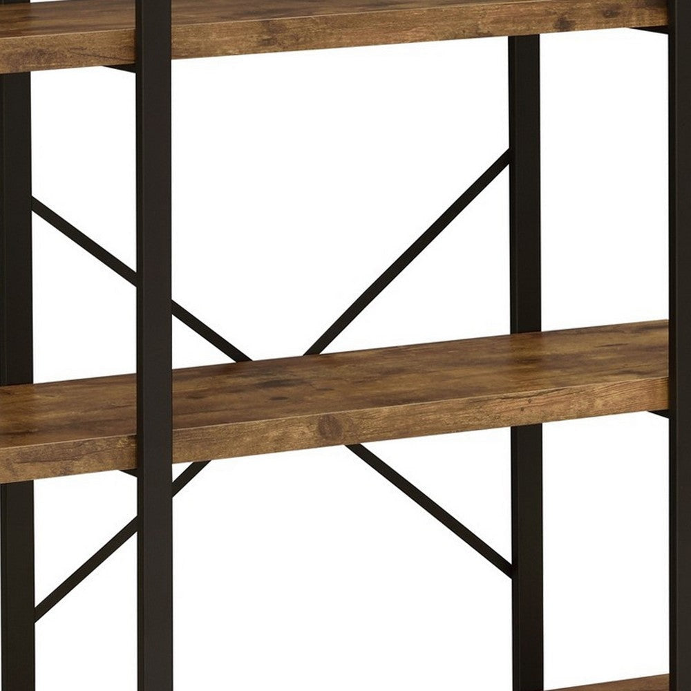 Ana 40 Inch Wood Bookcase 3 Shelves Crossed Metal Design Rustic Brown By Casagear Home BM280486