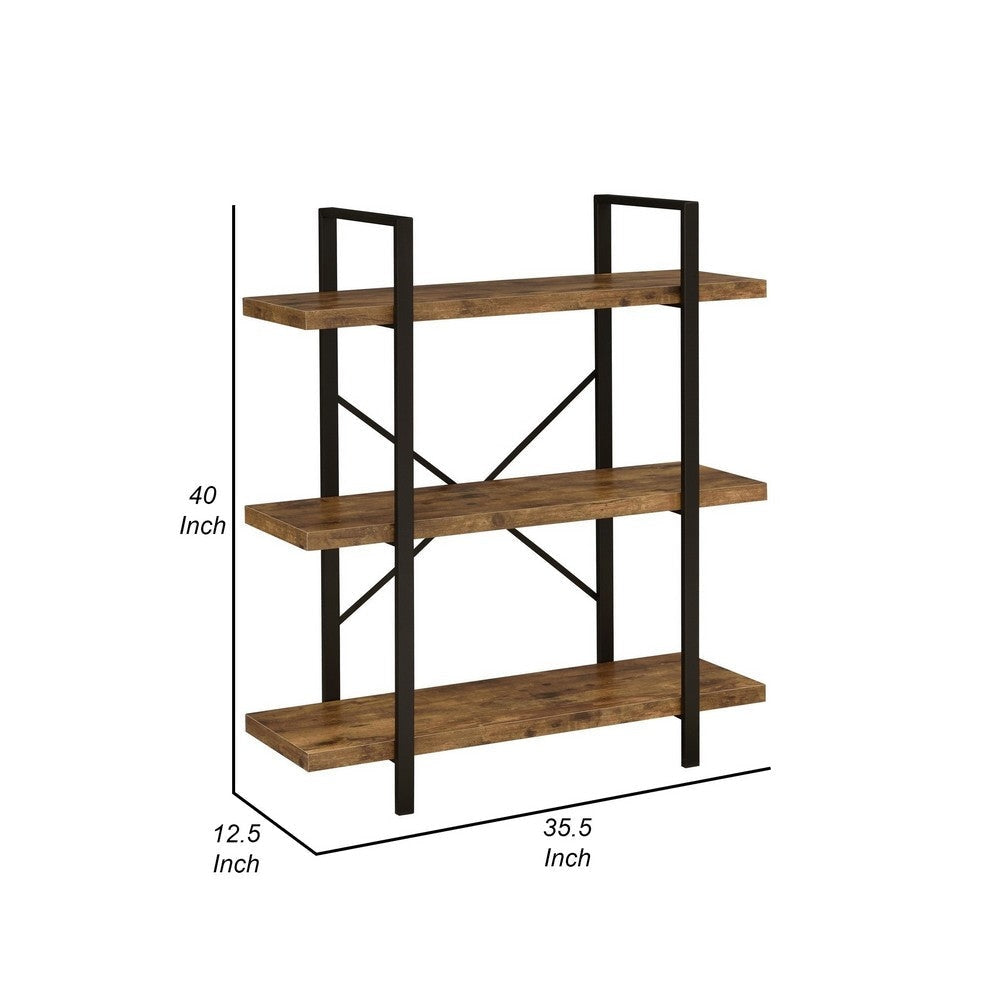 Ana 40 Inch Wood Bookcase 3 Shelves Crossed Metal Design Rustic Brown By Casagear Home BM280486