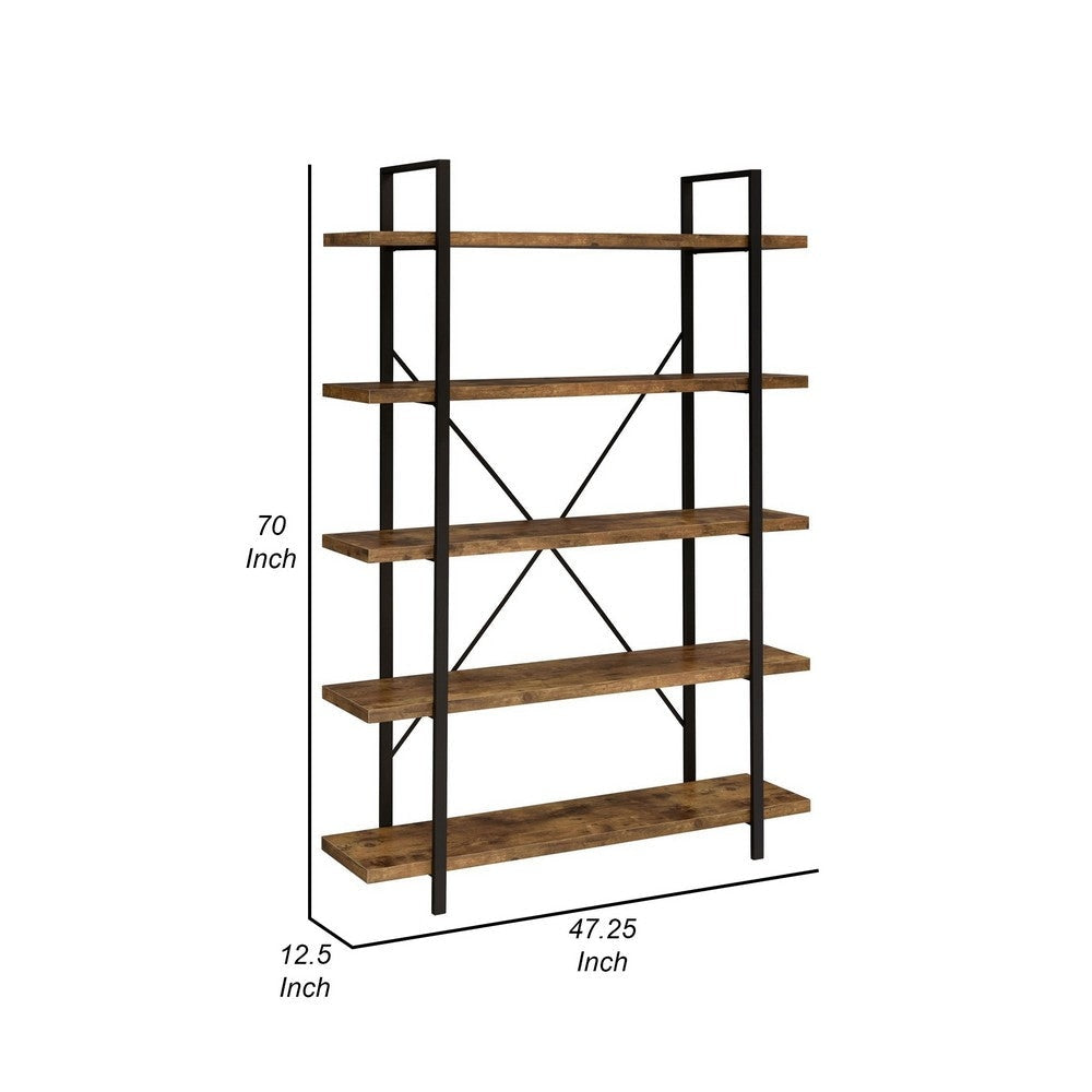 Ana 70 Inch Wood Bookcase 5 Shelves Crossed Metal Design Rustic Brown By Casagear Home BM280488