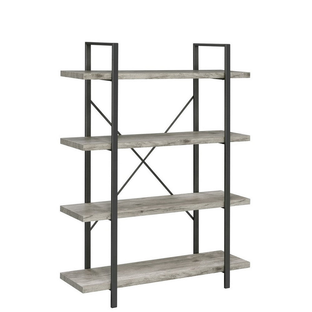 Ana 55 Inch Wood Bookcase, 4 Shelves, Crossed Metal Design, Light Gray By Casagear Home