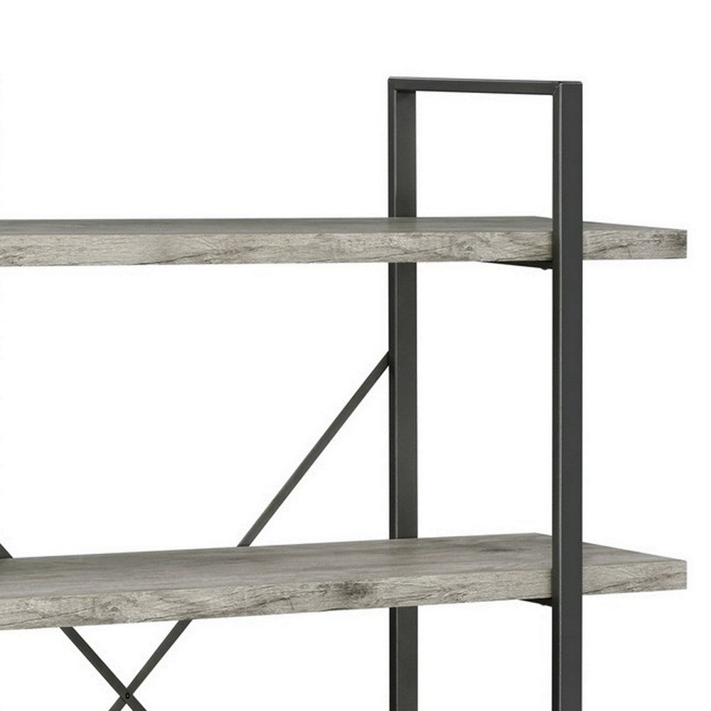 Ana 55 Inch Wood Bookcase 4 Shelves Crossed Metal Design Light Gray By Casagear Home BM280490