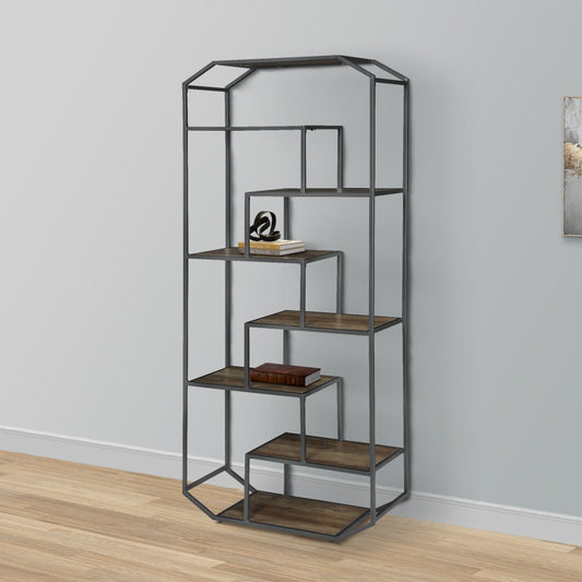 72 Inch Wood Bookcase, Geometric Metal Frame, 7 Shelves, Gray, Brown By Casagear Home