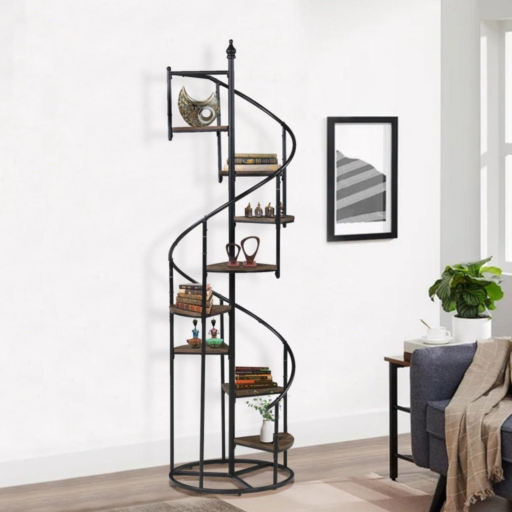 69 Inch Wood Bookcase, Spiral Metal Frame, Staircase Design, Brown By Casagear Home