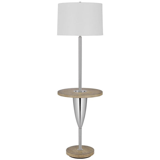 Charlie 61 Inch Modern Floor Lamp, Wood Table, 1 USB, Glossy, White, Brown By Casagear Home