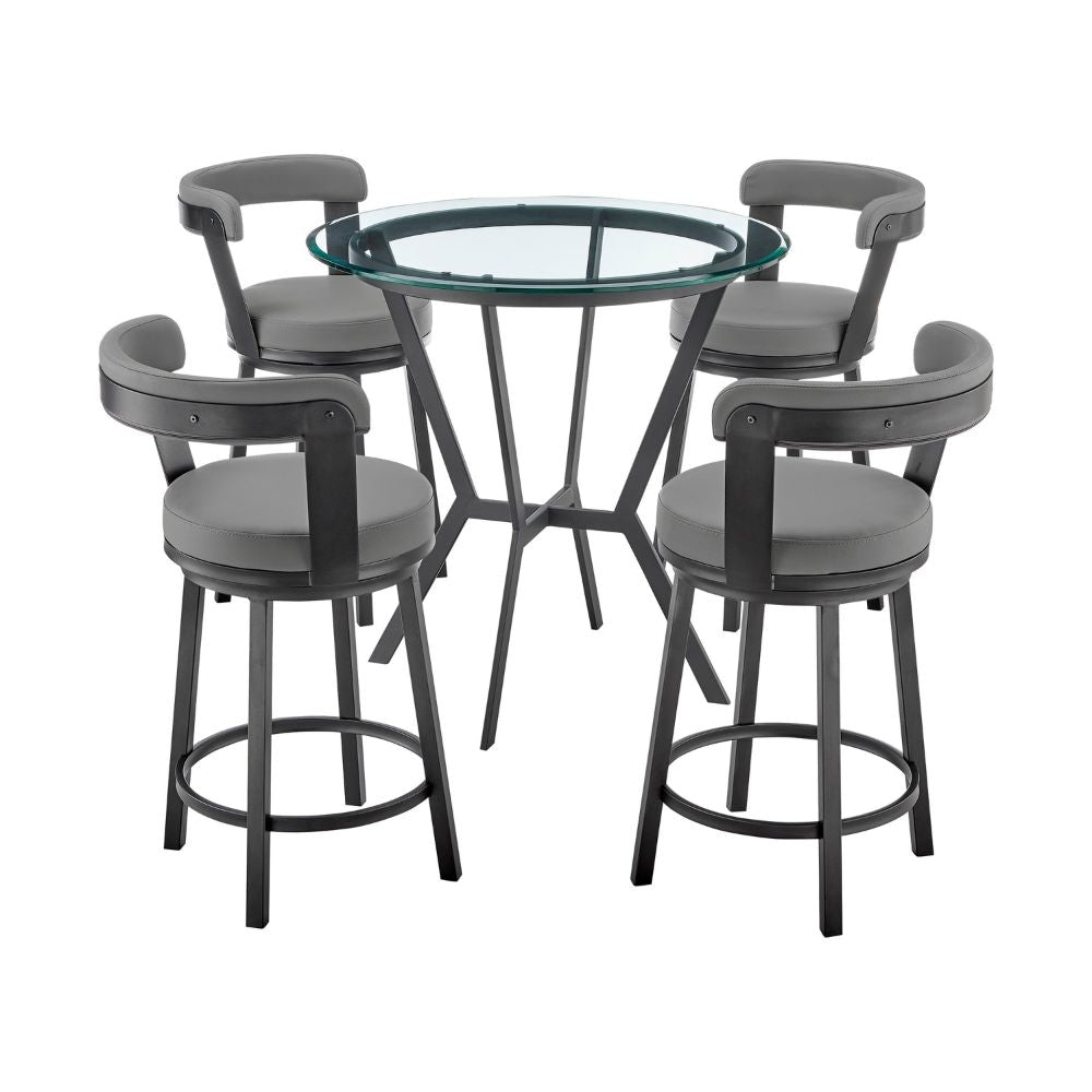 Clara 5 Piece Counter Height Round Bar Dining Set, Gray Faux Leather, Black By Casagear Home