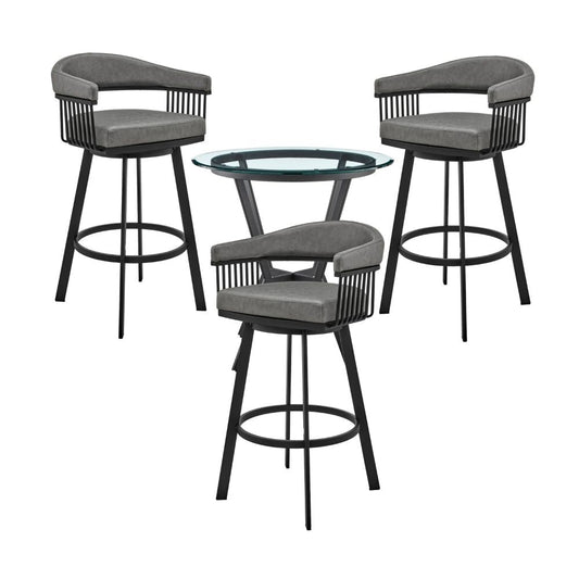 Mia 4 Piece Counter Height Dining Set, Glass Top, Gray Vegan Leather, Black By Casagear Home