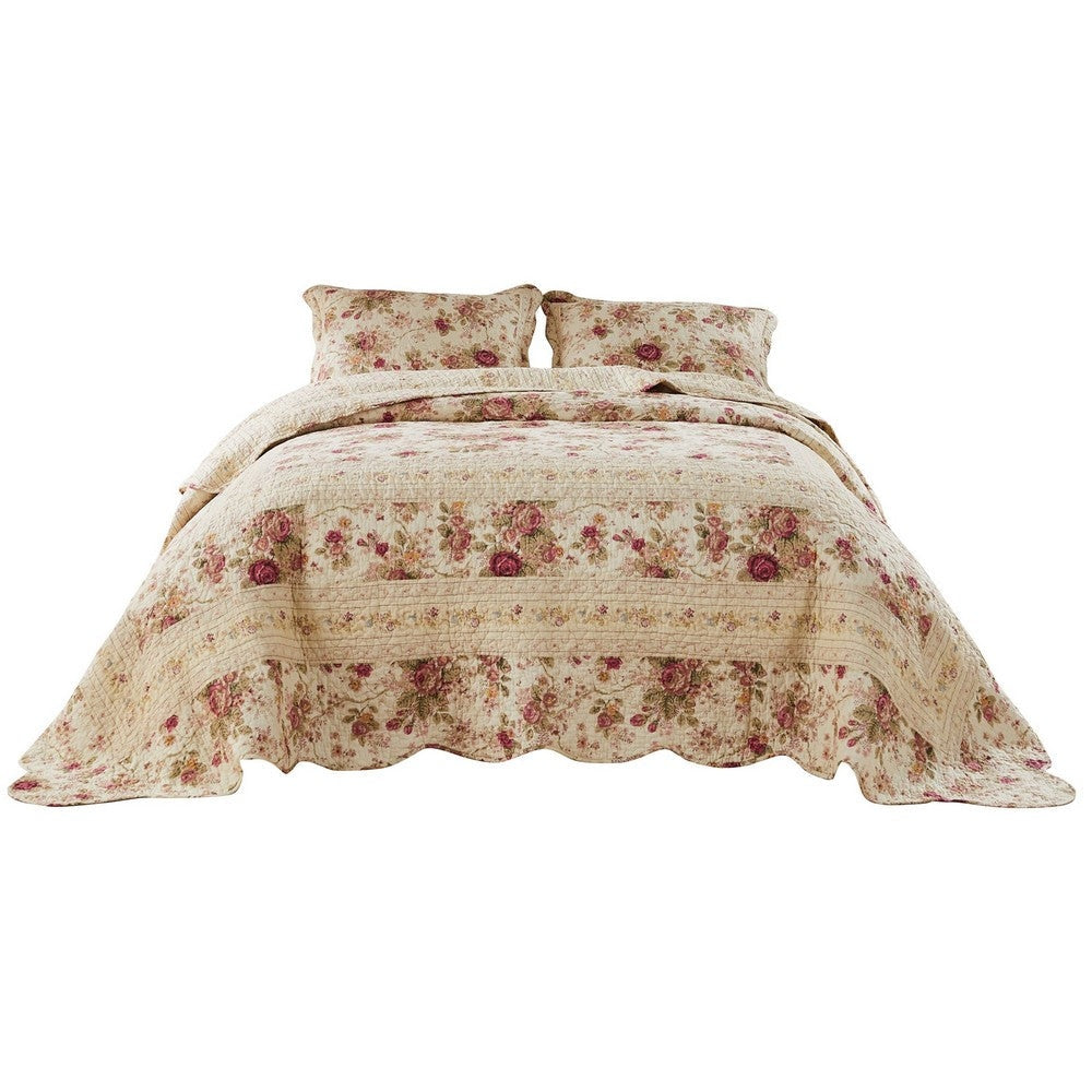 Rosle 3 Piece King Bedspread Set Floral Print Scalloped Cream Pink By Casagear Home BM281989