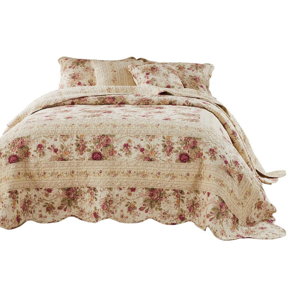 Rosle 3 Piece King Bedspread Set Floral Print Scalloped Cream Pink By Casagear Home BM281989