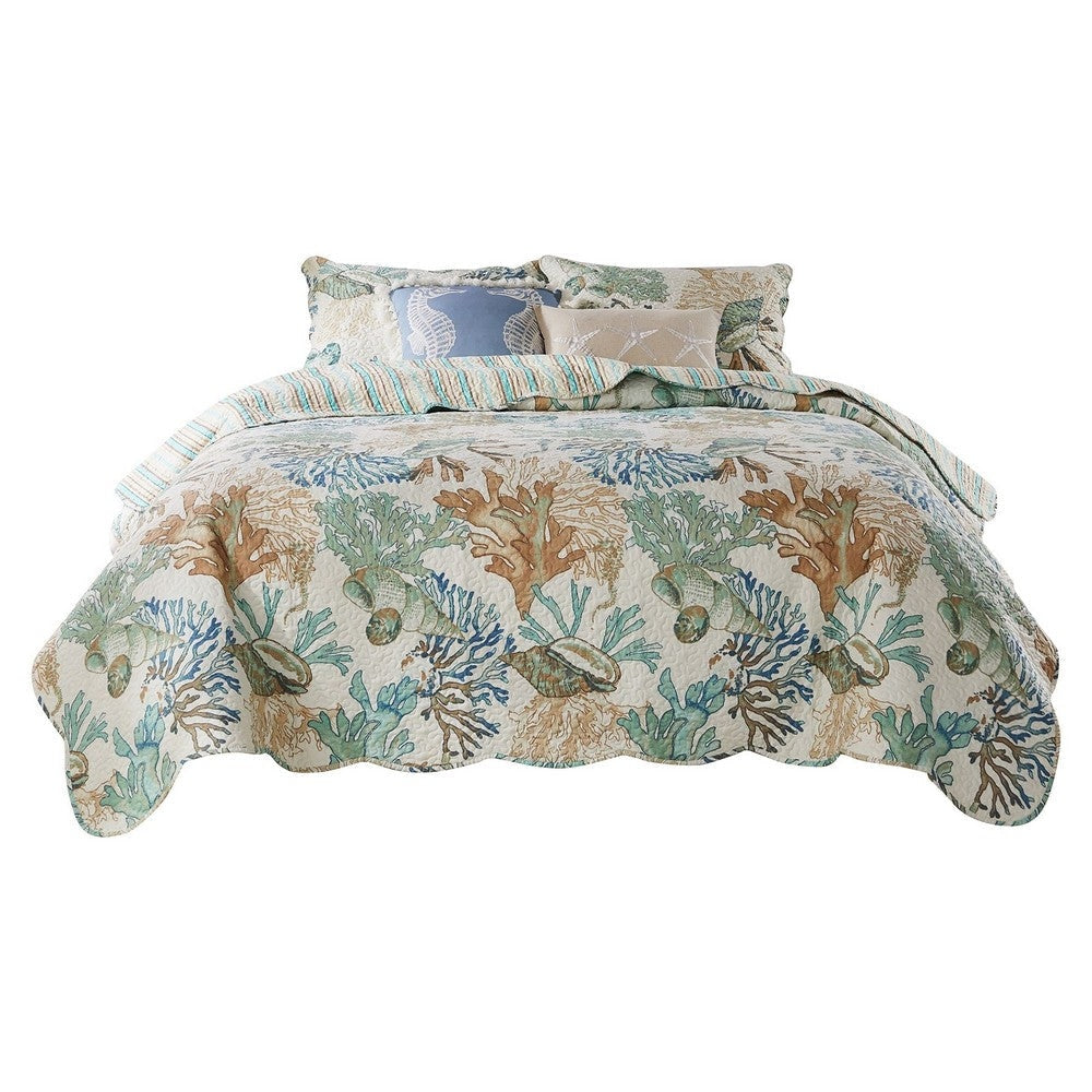 Wade 4 Piece Twin Quilt Set, Ocean Design, Scalloped Edges, Floral Pattern By Casagear Home