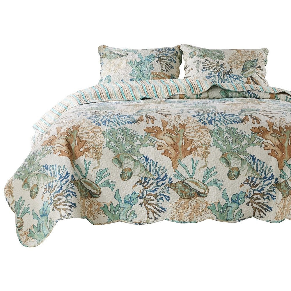 Wade 4 Piece Twin Quilt Set Ocean Design Scalloped Edges Floral Pattern By Casagear Home BM281991