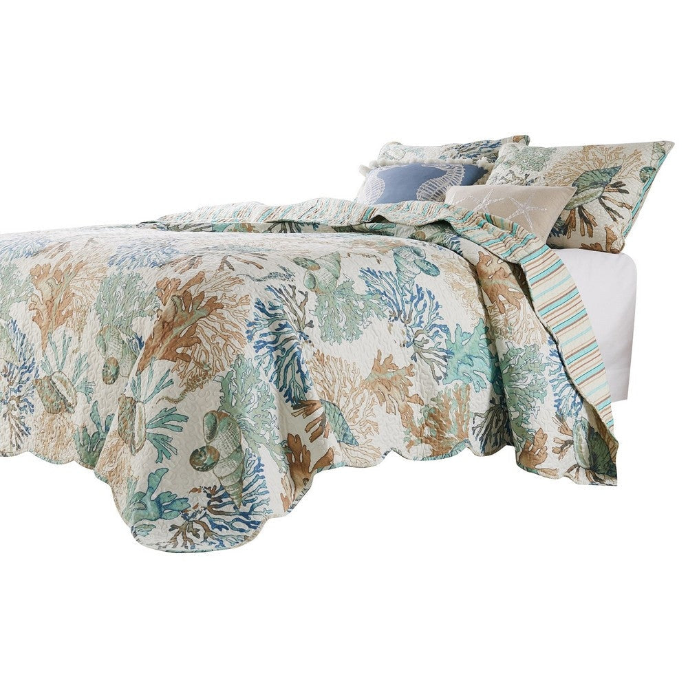 Wade 5 Piece Full Quilt Set Ocean Design Scalloped Edges Floral Pattern By Casagear Home BM281992