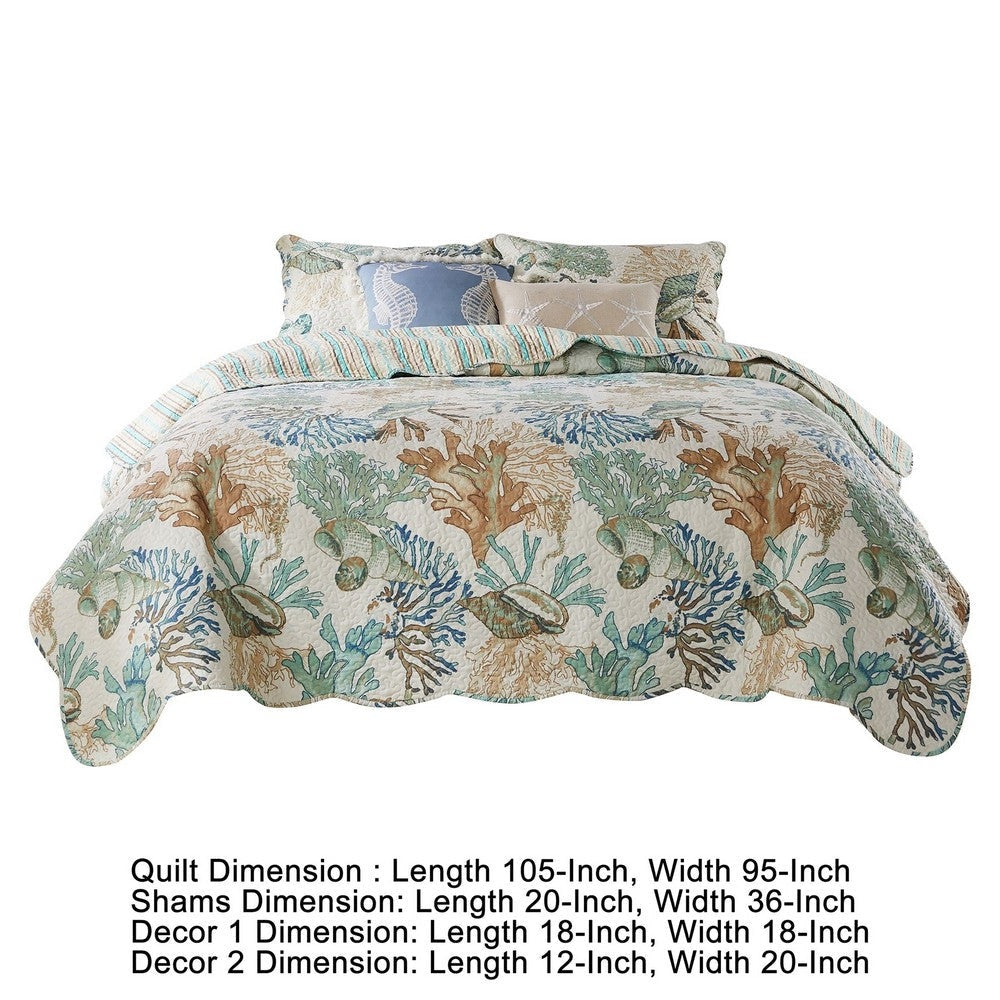 Wade 5 Piece King Quilt Set Ocean Design Scalloped Edges Floral Pattern By Casagear Home BM281993