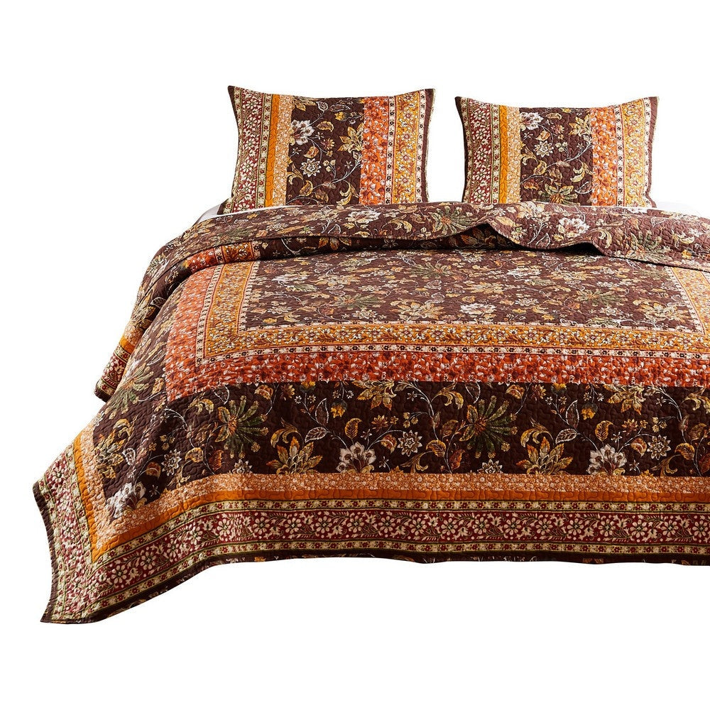 Dill 2 Piece Twin Quilt Set Bohemian Jacobean Floral Print Brown Orange By Casagear Home BM281995