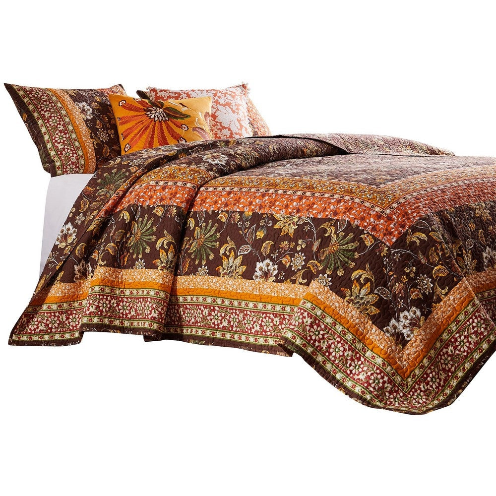 Dill 2 Piece Twin Quilt Set Bohemian Jacobean Floral Print Brown Orange By Casagear Home BM281995