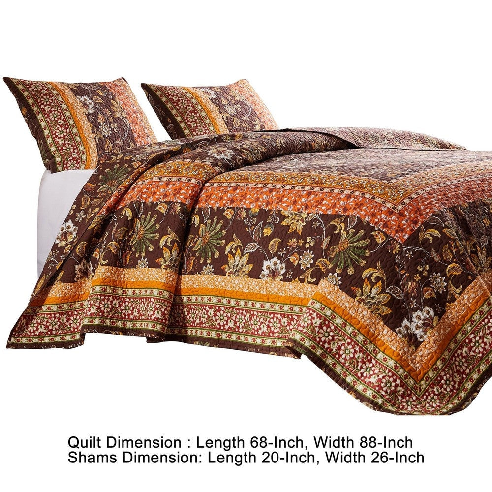 Dill 2 Piece Twin Quilt Set Bohemian Jacobean Floral Print Brown Orange By Casagear Home BM281995