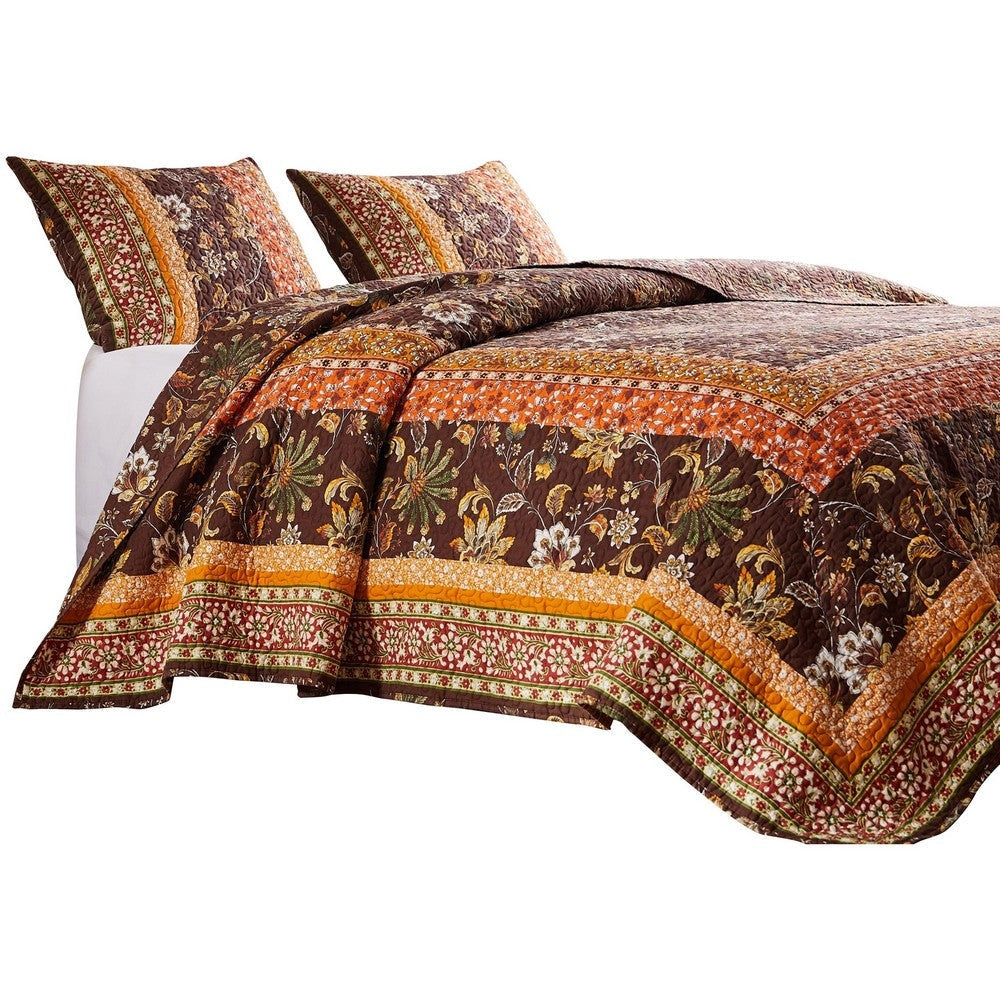 Dill 3 Piece Full Quilt Set, Bohemian, Jacobean Floral Print, Brown, Orange By Casagear Home