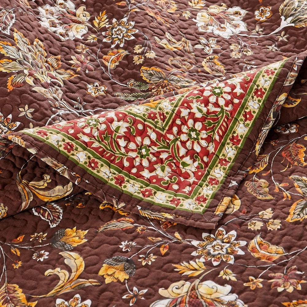 Dill 3 Piece Full Quilt Set Bohemian Jacobean Floral Print Brown Orange By Casagear Home BM281996