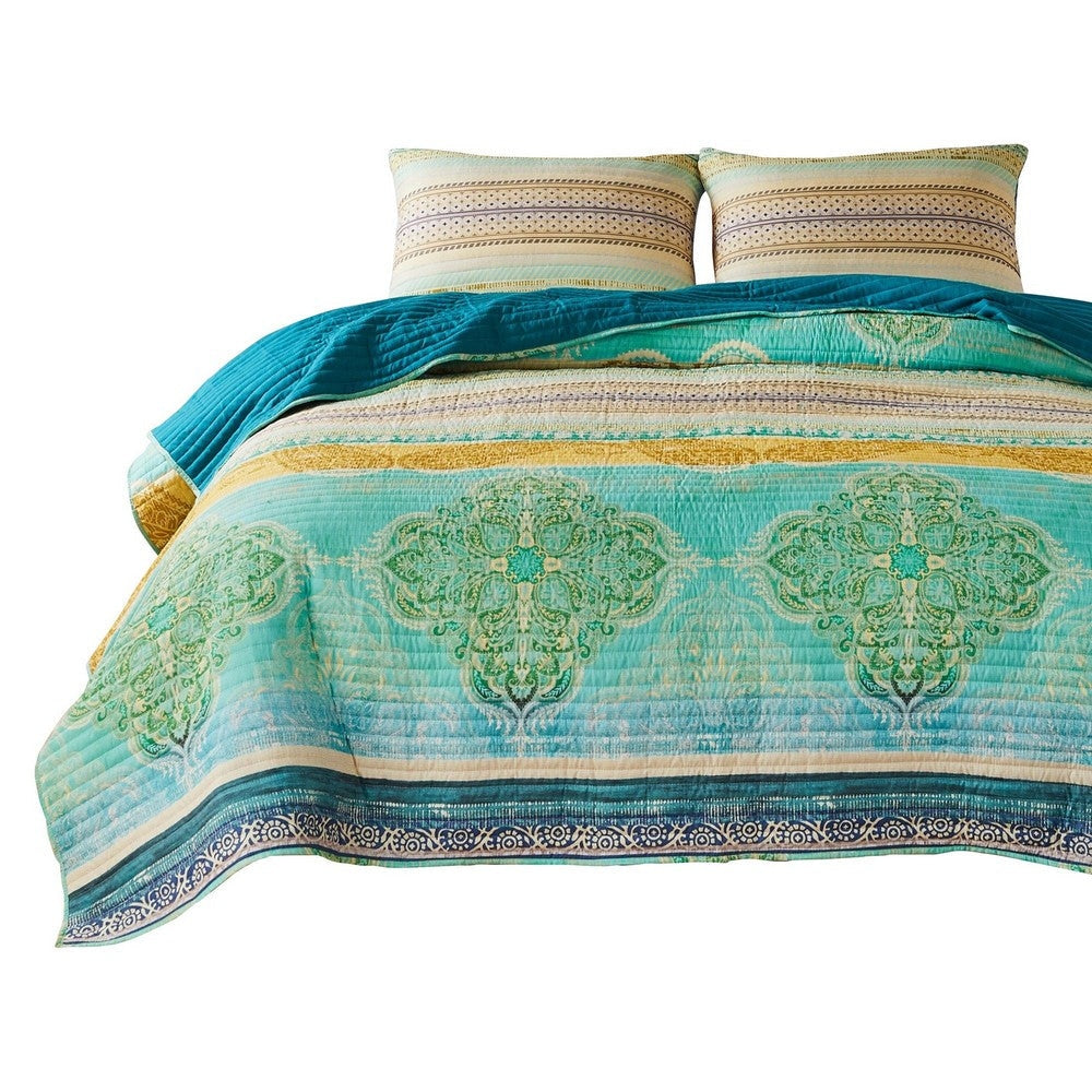 Dora 3 Piece Bohemian Full Quilt Set, Medallion, Paisley, Blue, Green By Casagear Home