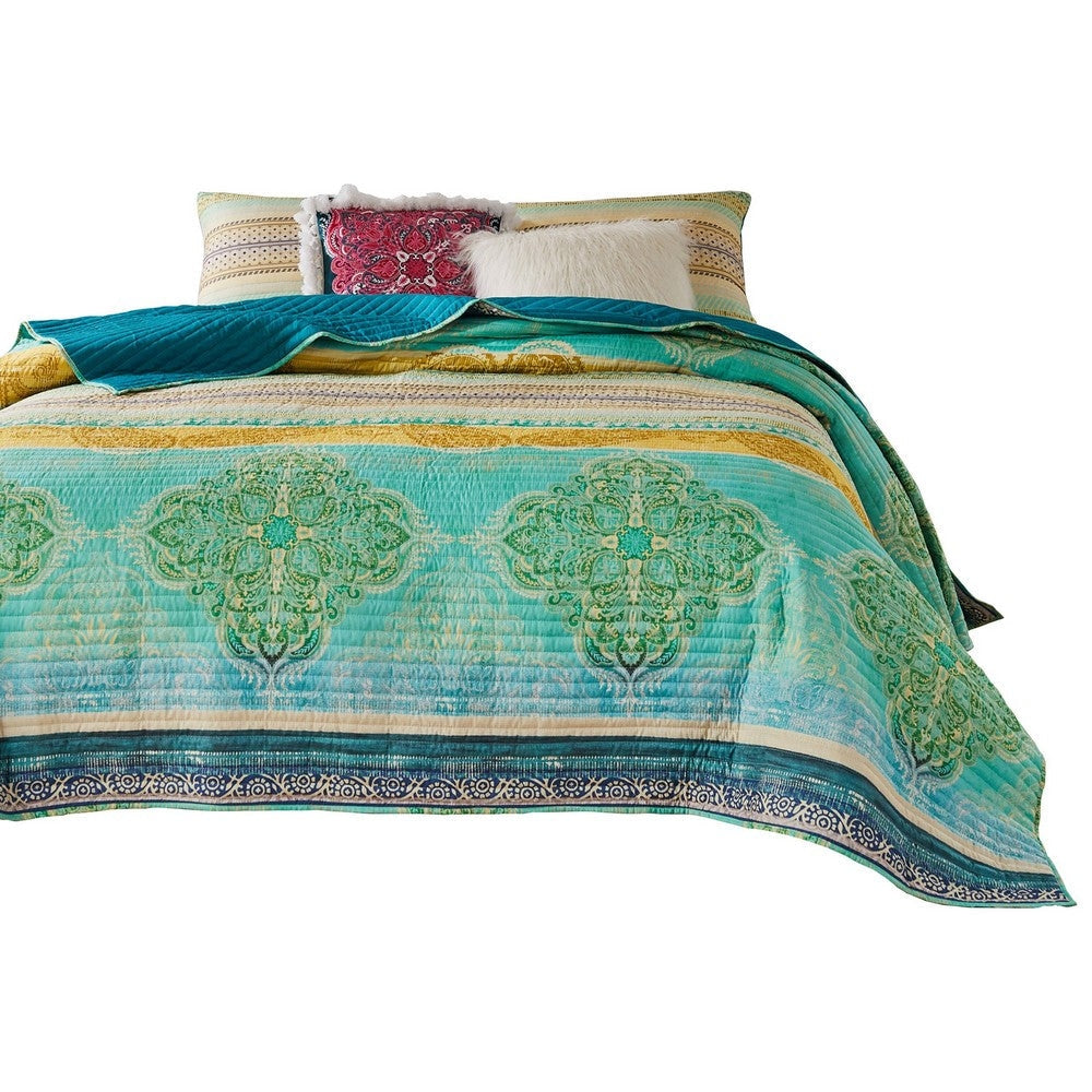 Dora 3 Piece Bohemian Full Quilt Set Medallion Paisley Blue Green By Casagear Home BM281999