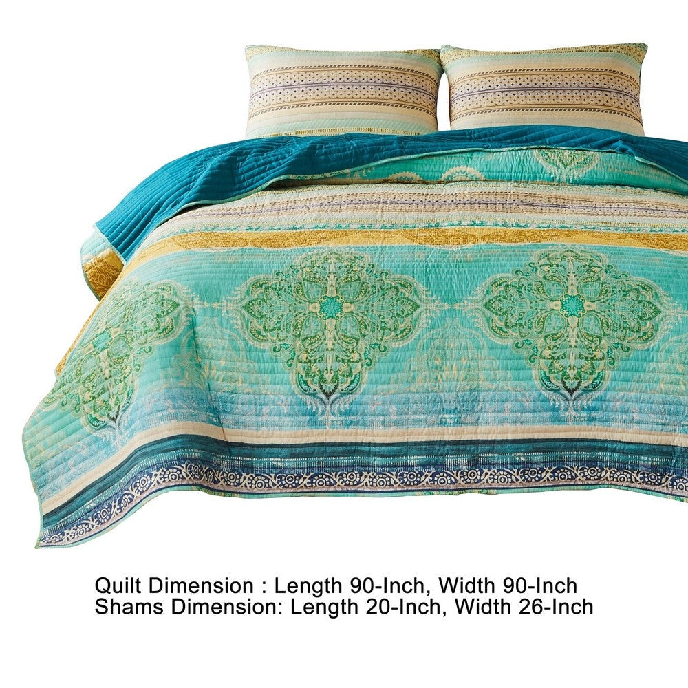 Dora 3 Piece Bohemian Full Quilt Set Medallion Paisley Blue Green By Casagear Home BM281999