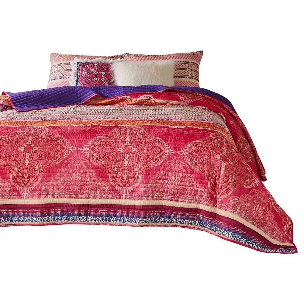 Dora 3 Piece Bohemian Full Quilt Set Medallion Paisley Pink Blue By Casagear Home BM282002