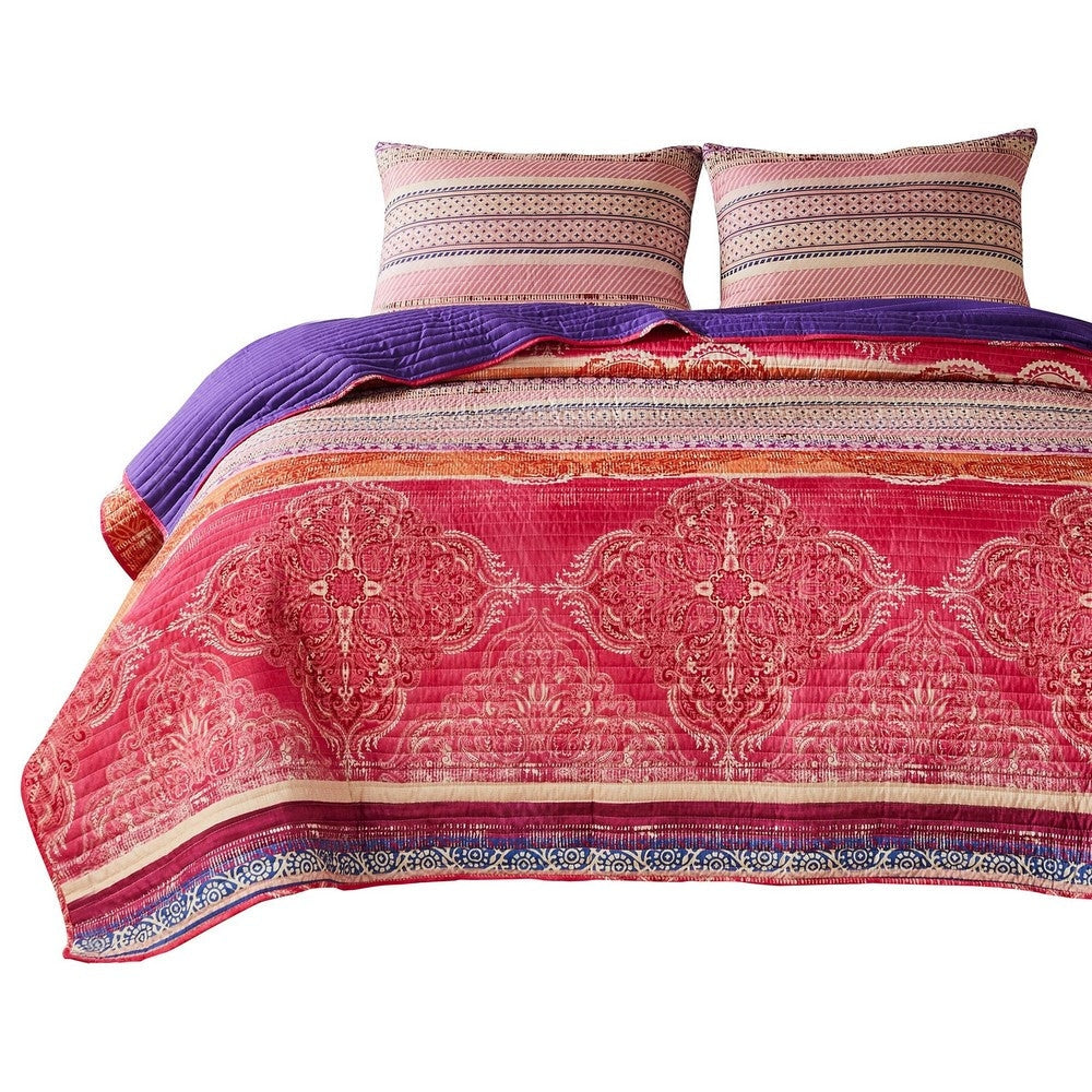 Dora 3 Piece Bohemian King Quilt Set, Medallion, Paisley, Pink, Blue By Casagear Home